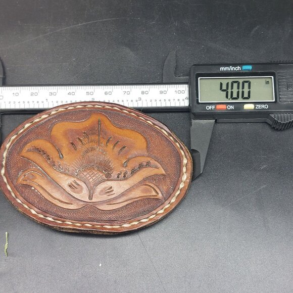 Vintage Handcrafted Leather Belt Buckle With Floral Design & Stitched Edges 4" - Picture 3 of 4
